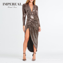 Asymmetric Hem Evening Wrap Metallic Side Slit Full Sleeve Maxi Dress